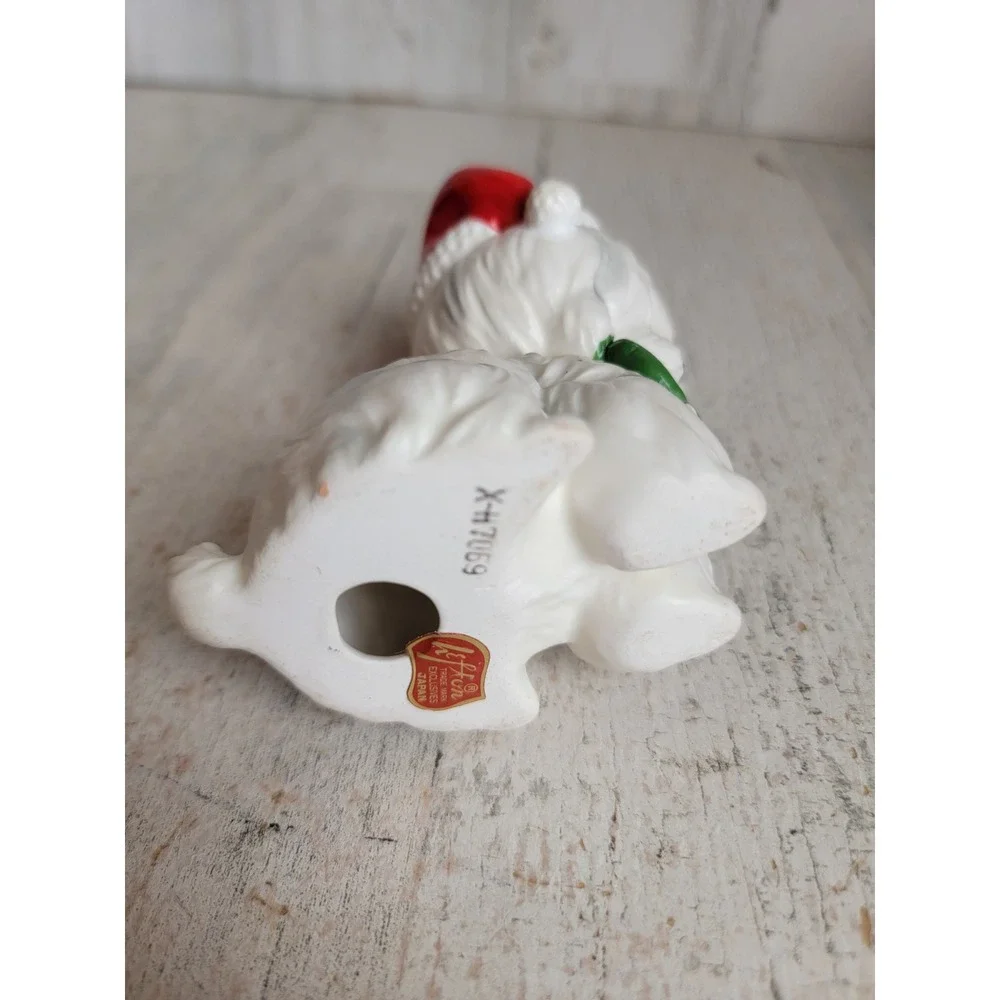 Lefton vintage white Maltese dog puppy Xmas mistletoe Santa hat figure
